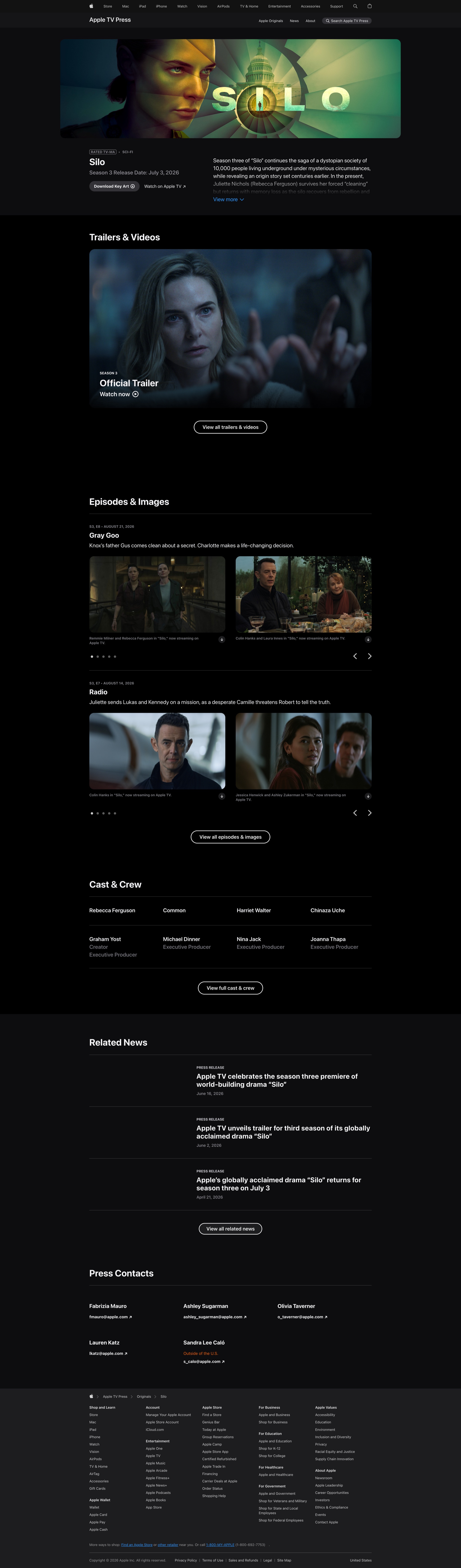 Full-length Apple TV press page for the show Silo: key art header, trailer, episode images, cast and crew, related news and press contacts.