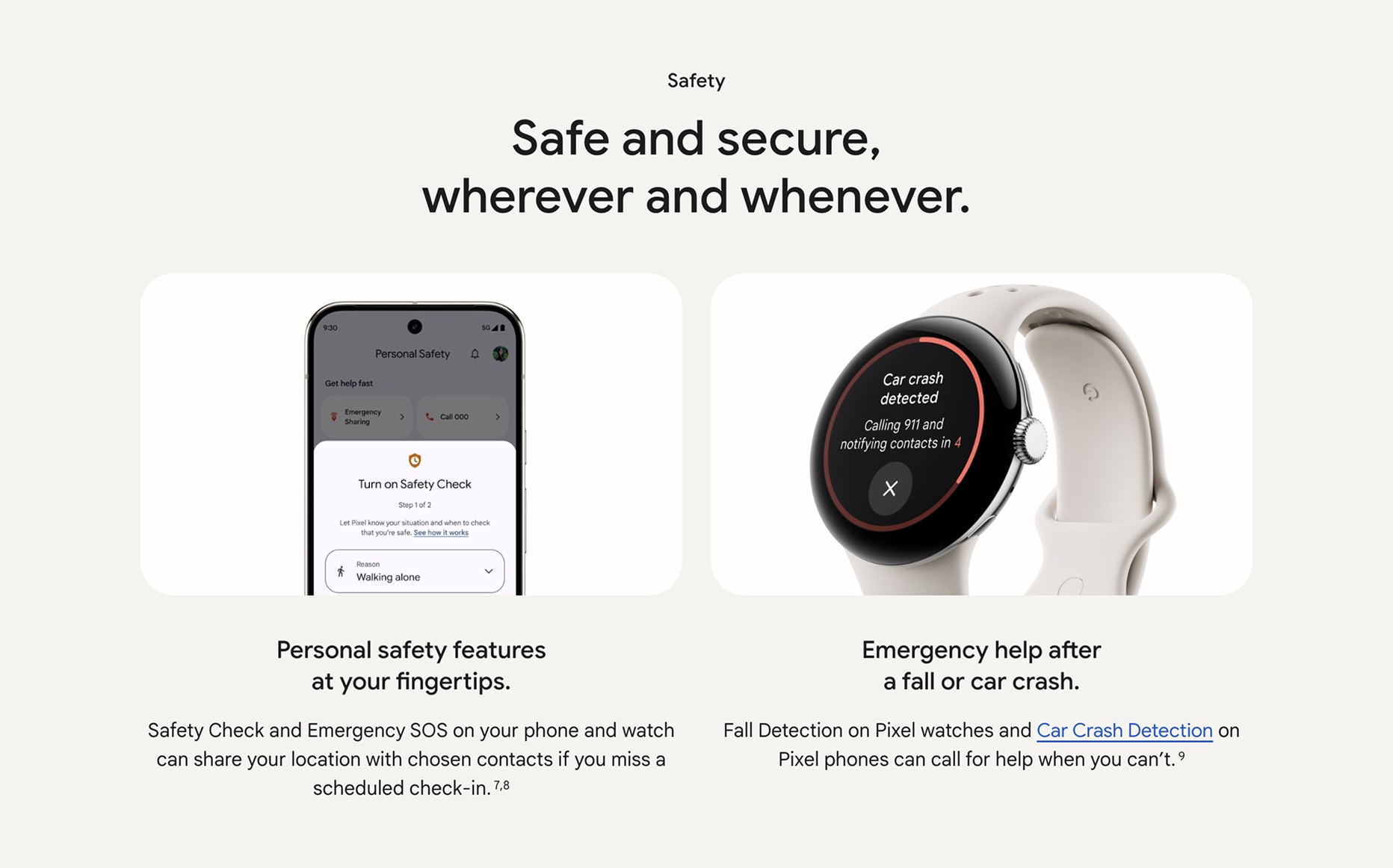 Safety section, “Safe and secure, wherever and whenever”: a phone showing Safety Check beside a watch alerting a car crash.