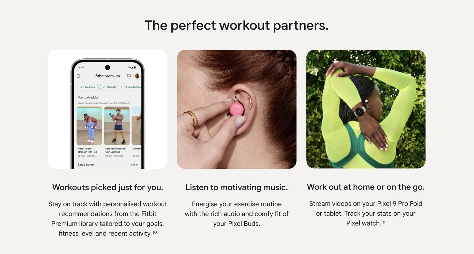 “The perfect workout partners”: cards for Fitbit Premium workouts on a phone, an earbud in an ear, and an athlete stretching with a watch.