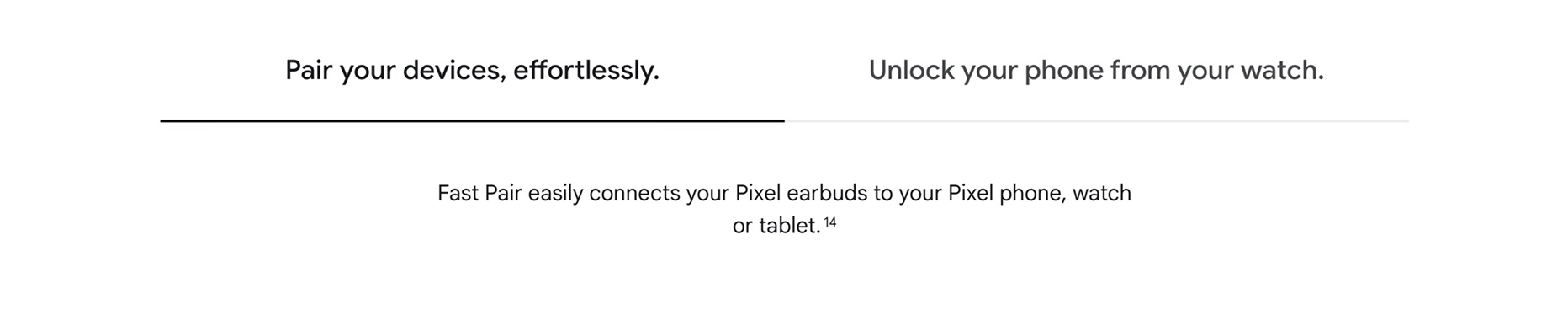Two tabs, “Pair your devices, effortlessly” (active) and “Unlock your phone from your watch”, with a Fast Pair description.