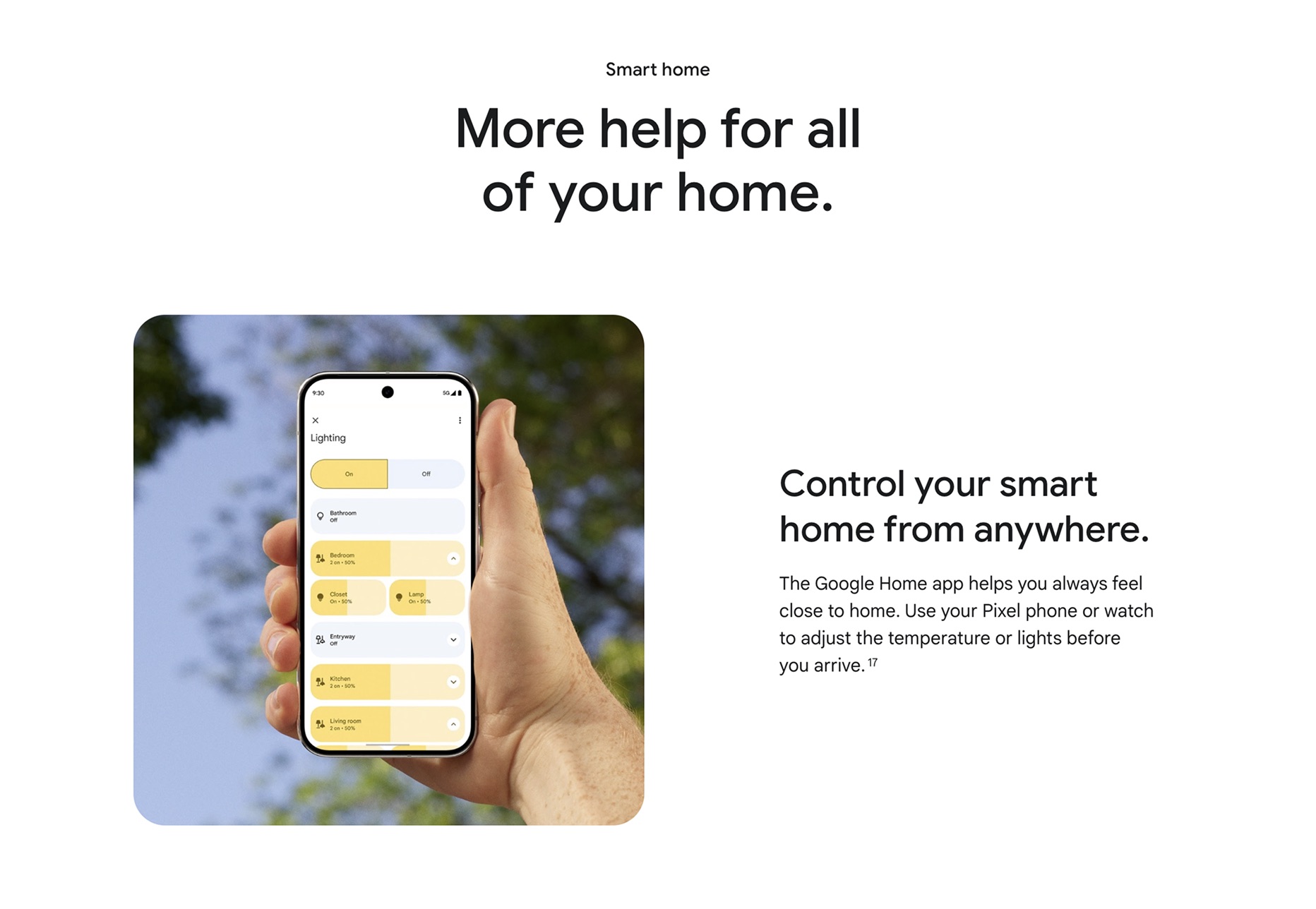 Smart home section, “More help for all of your home”, with a phone showing Google Home lighting controls.