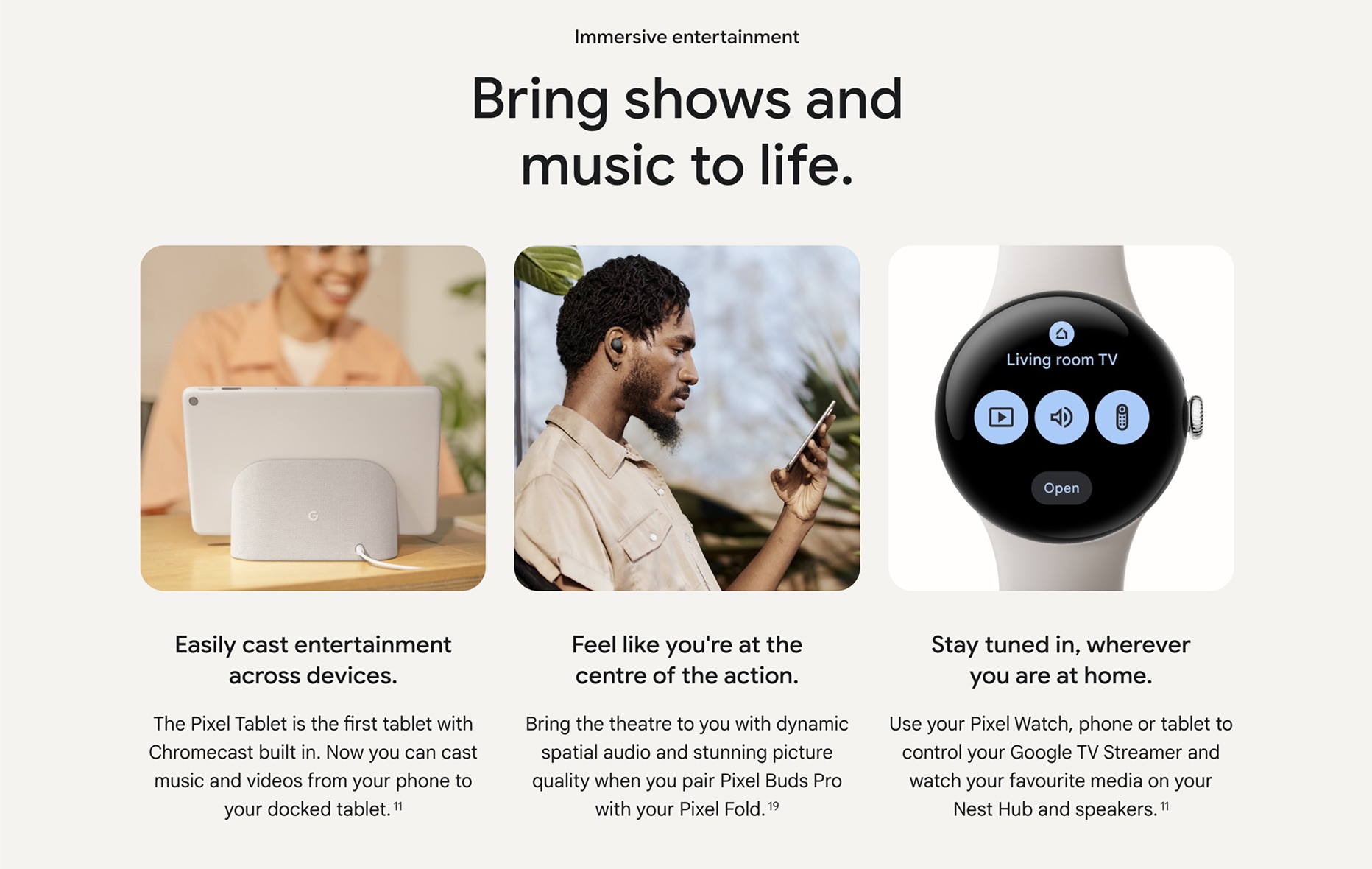 Entertainment section, “Bring shows and music to life”: a docked tablet, a man with earbuds and phone, and a watch used as a TV remote.