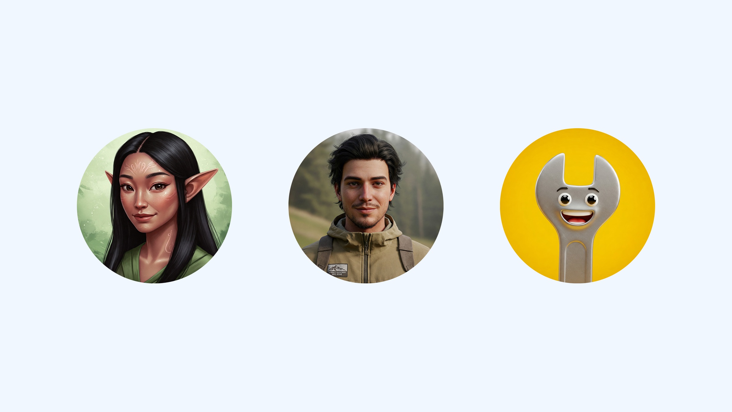 Three circular chatbot avatars on a pale background: a green-clad elf woman, a bearded outdoorsman in a tan jacket, and a smiling yellow wrench.